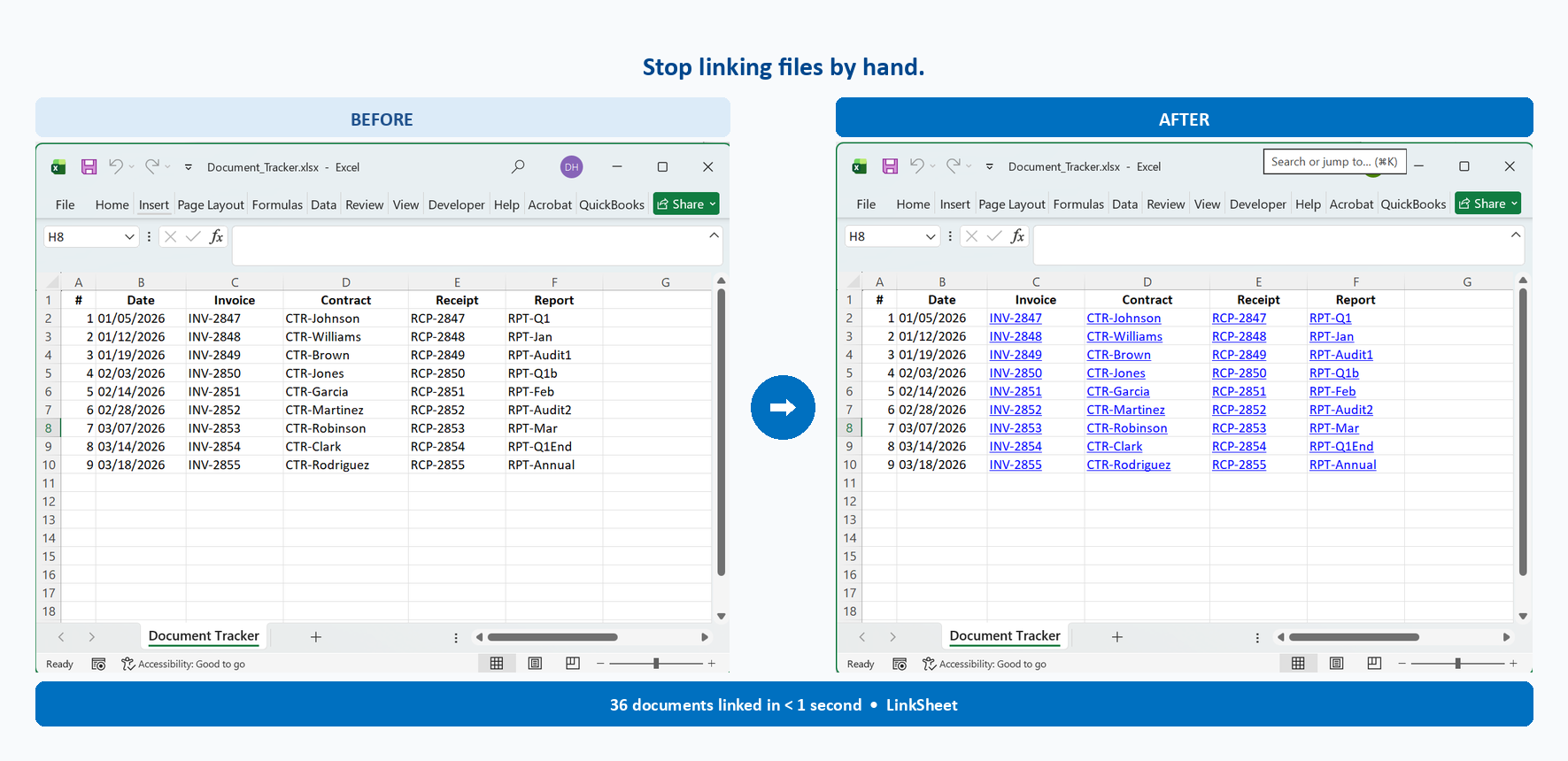 Excel spreadsheet before and after running LinkSheet Pro — plain text becomes clickable hyperlinks