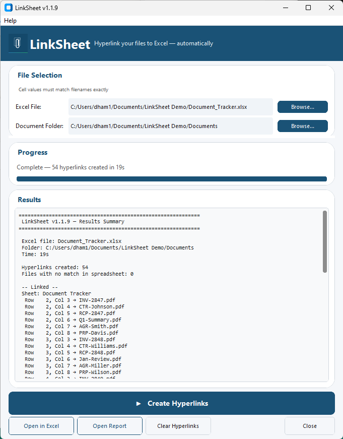 LinkSheet Pro results screen